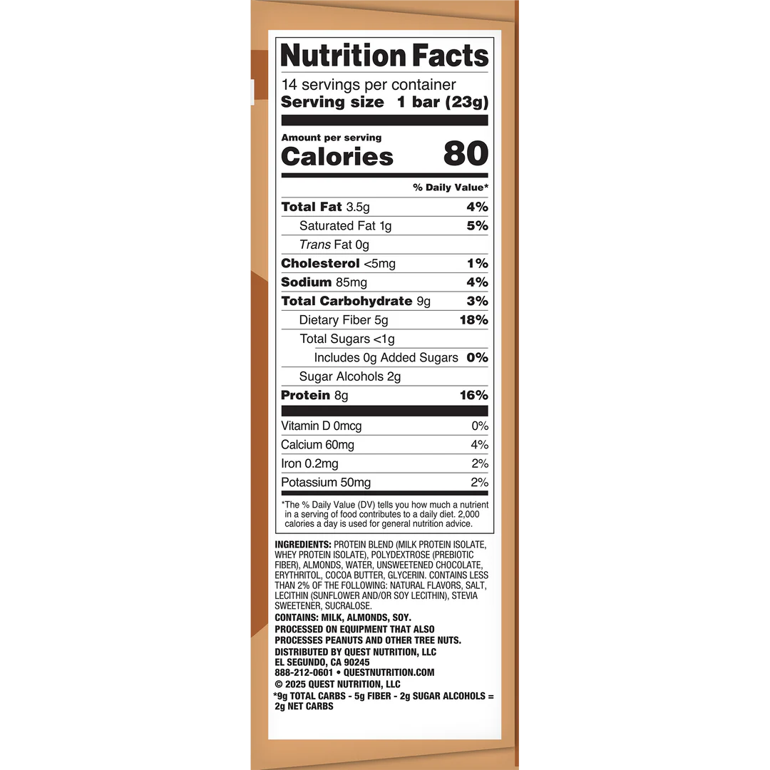 A nutrition facts label displays detailed information about a protein bar, including serving size, calories, and nutrient content such as fats, carbohydrates, and protein.