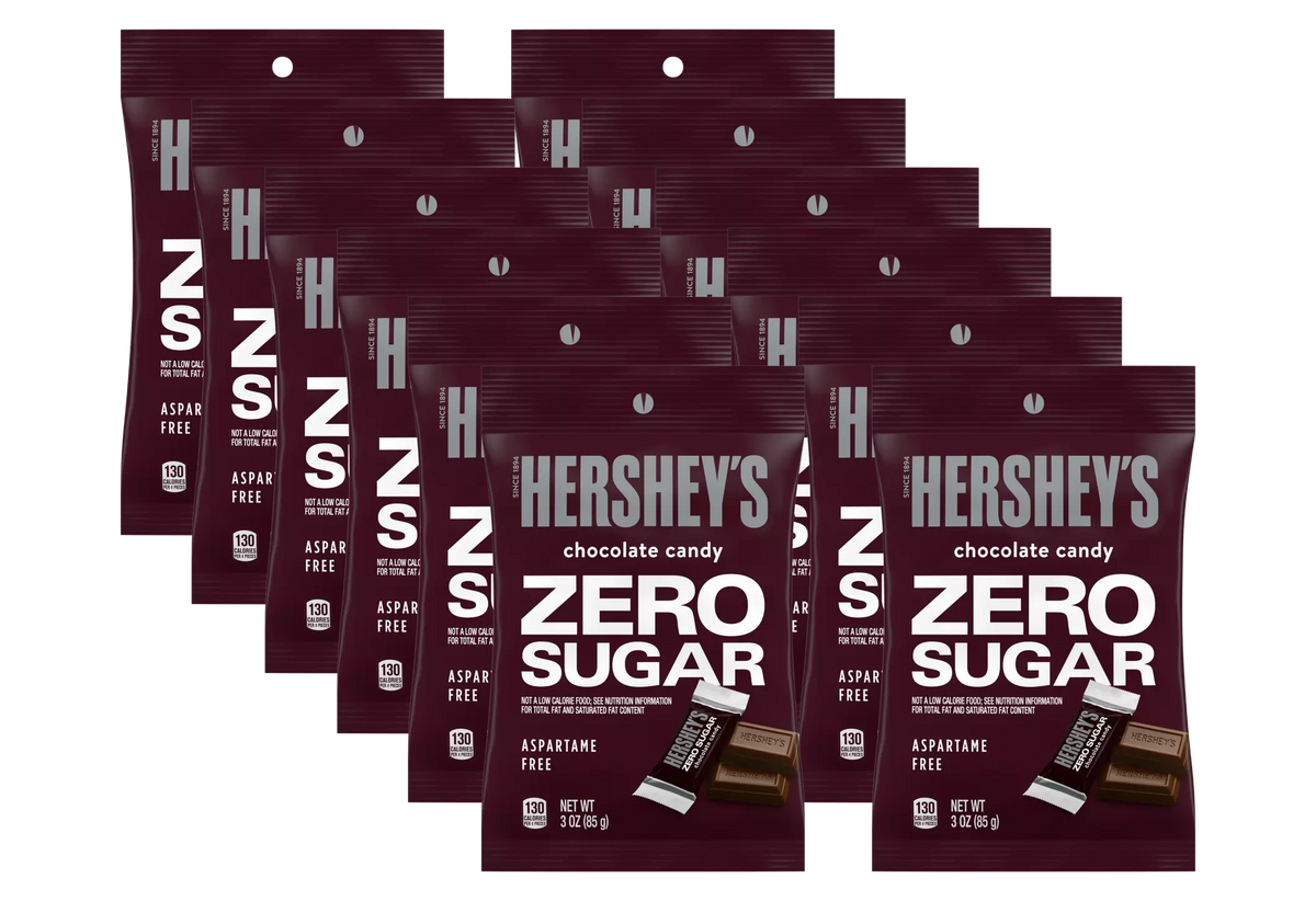 A collection of Hershey's Zero Sugar chocolate candy bags is displayed, featuring a maroon background with bold white text and images of the candy, emphasizing that it is aspartame-free and low-calorie.