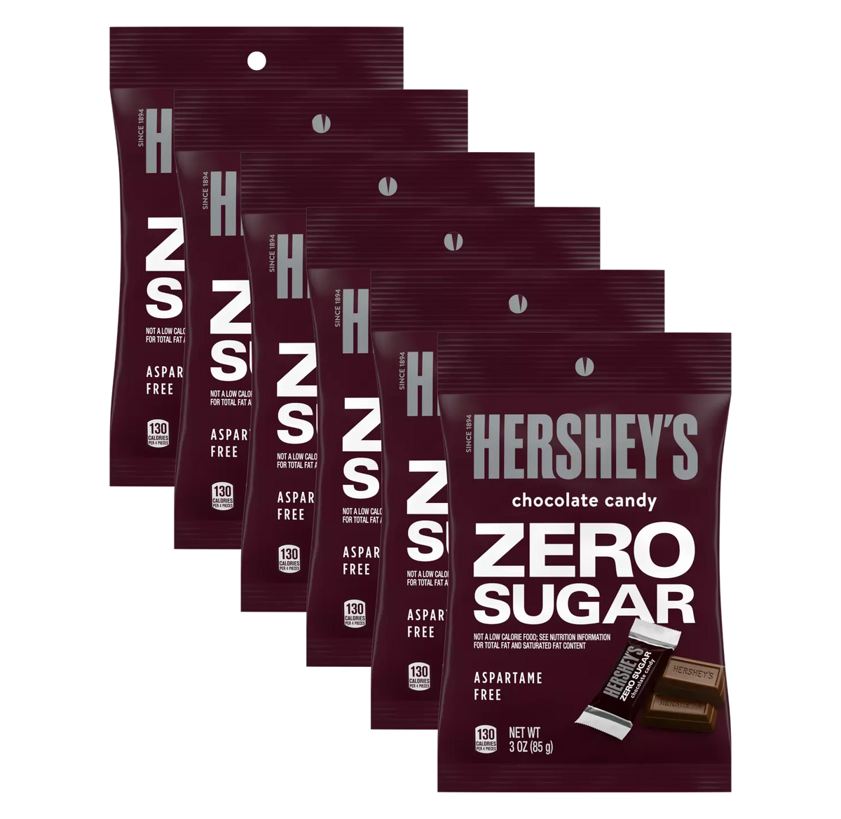 Six packages of Hershey's Zero Sugar chocolate candy are displayed, each labeled with nutritional information and emphasizing that they are aspartame-free.