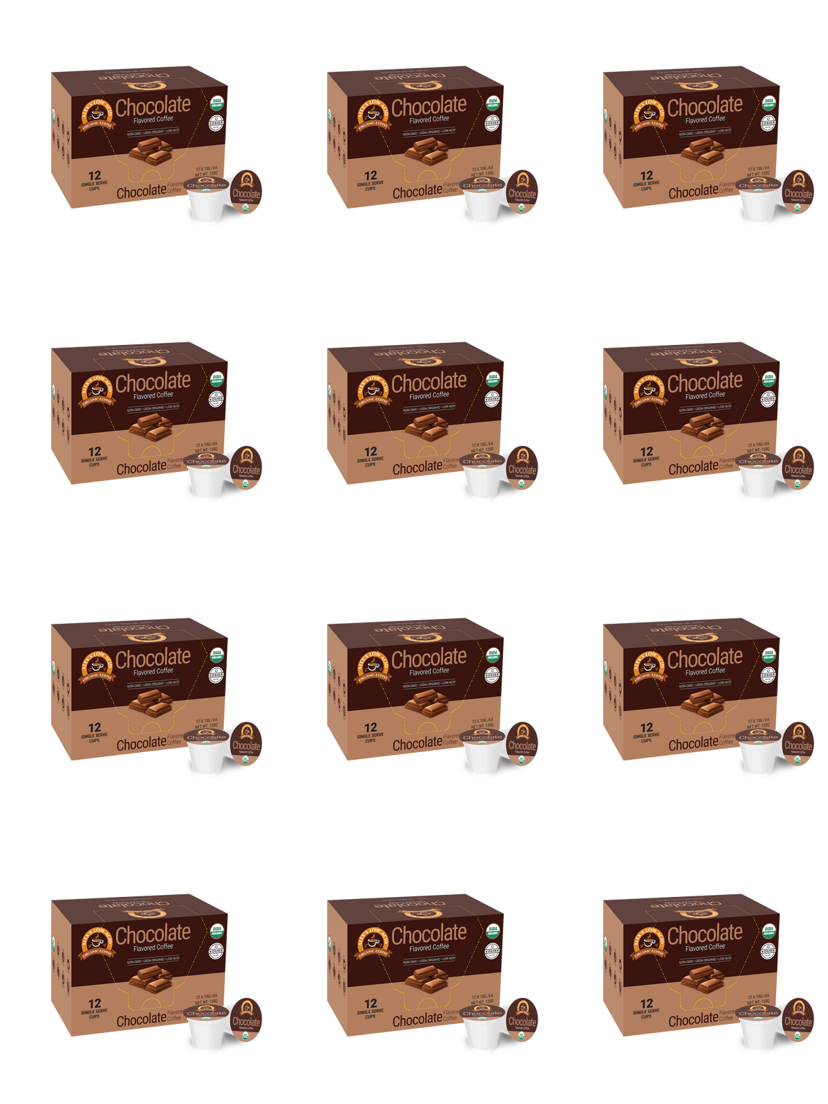 Twelve boxes of chocolate-flavored coffee pods are arranged in a grid, each box displaying the product name and quantity, with a coffee pod beside each box.