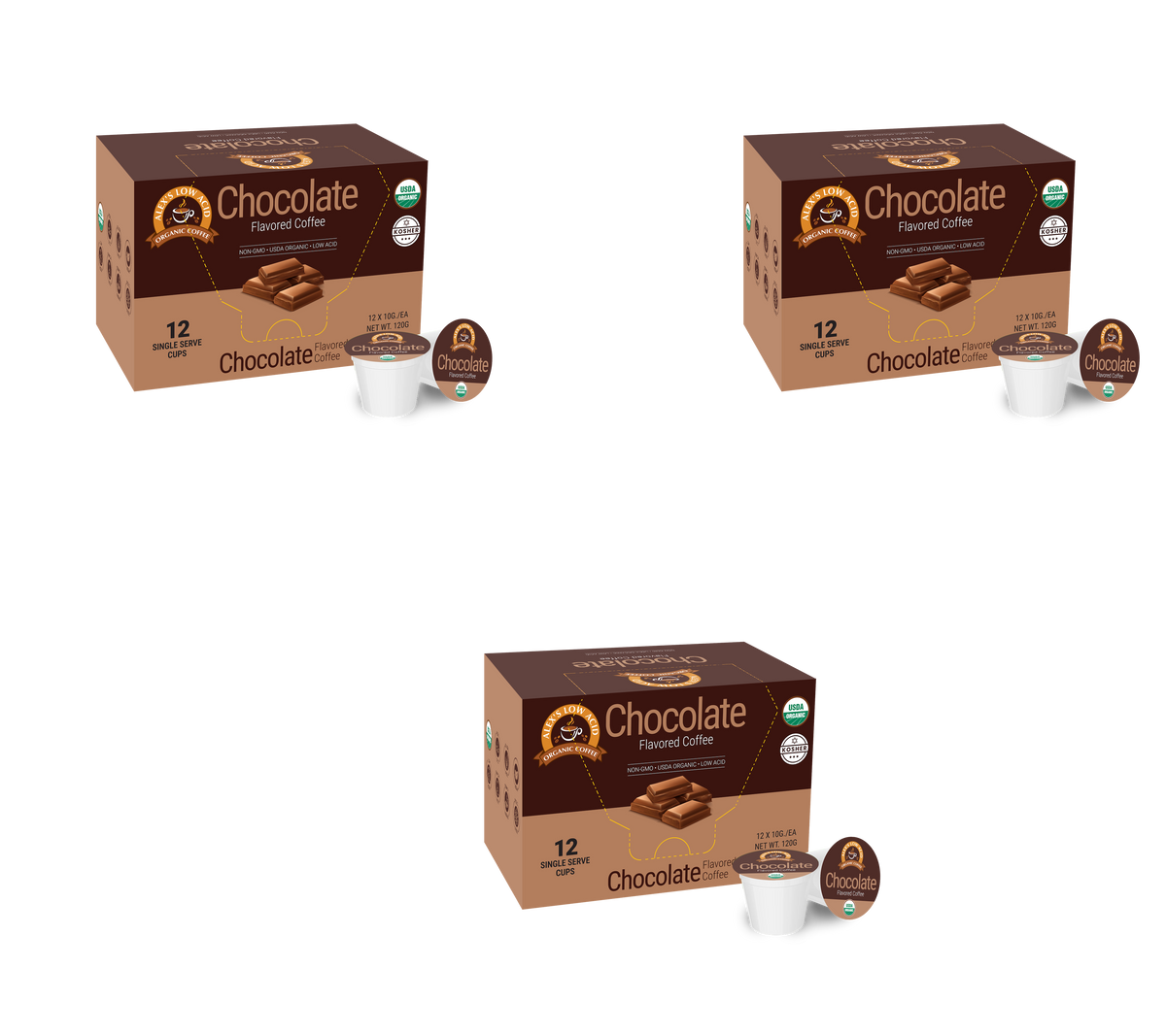 Three boxes of chocolate-flavored coffee pods are displayed, each containing 12 single-serve cups, featuring a brown design with images of chocolate pieces and branding.