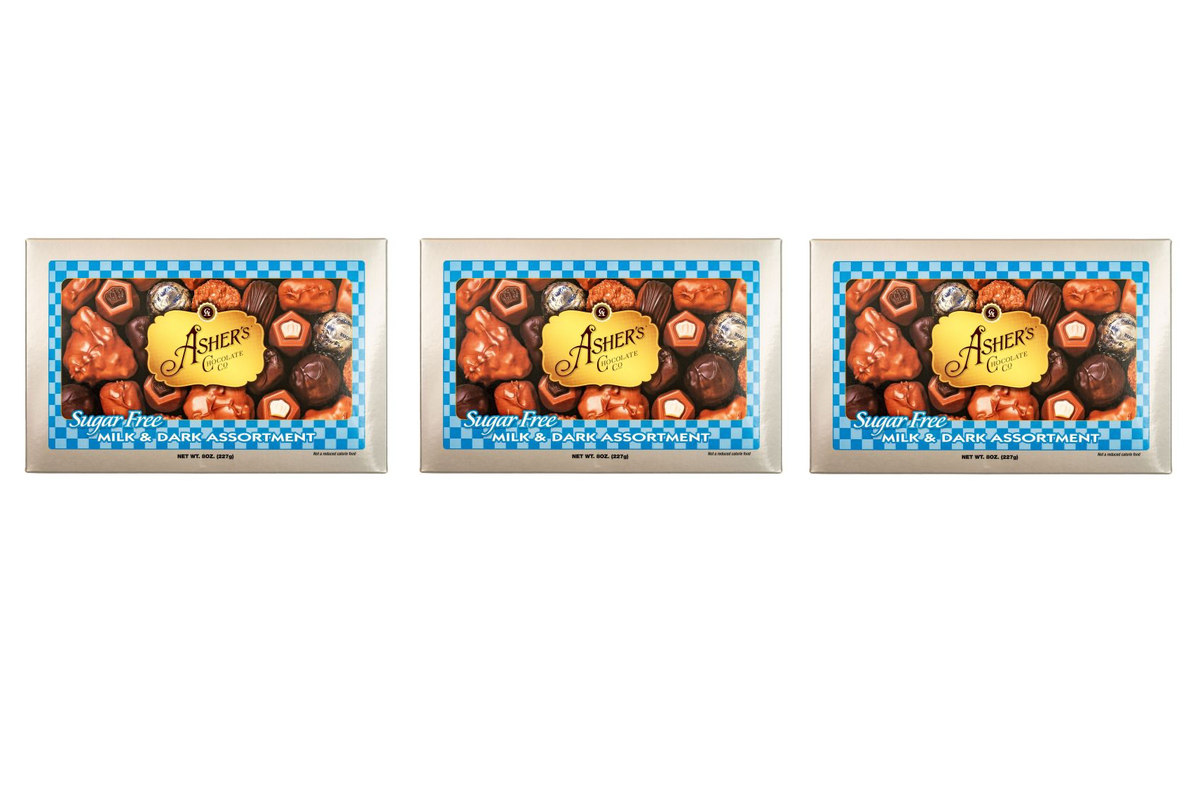 Asher's Chocolates Sugar Free Candy - Milk & Dark Chocolate Assortment (8 oz Box) 3-Pack