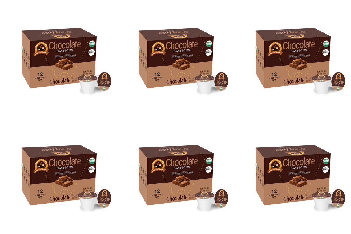 A grid of six boxes of chocolate-flavored coffee, each containing 12 single-serve cups, features a brown design with images of chocolate pieces and labels indicating organic certification.