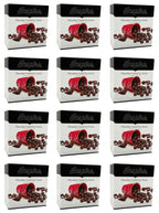 Twelve boxes of Inspire Chocolate Coated Soy Snacks are arranged in a grid, each featuring a red cup spilling chocolate-covered soy snacks and chocolate shavings on a white background.
