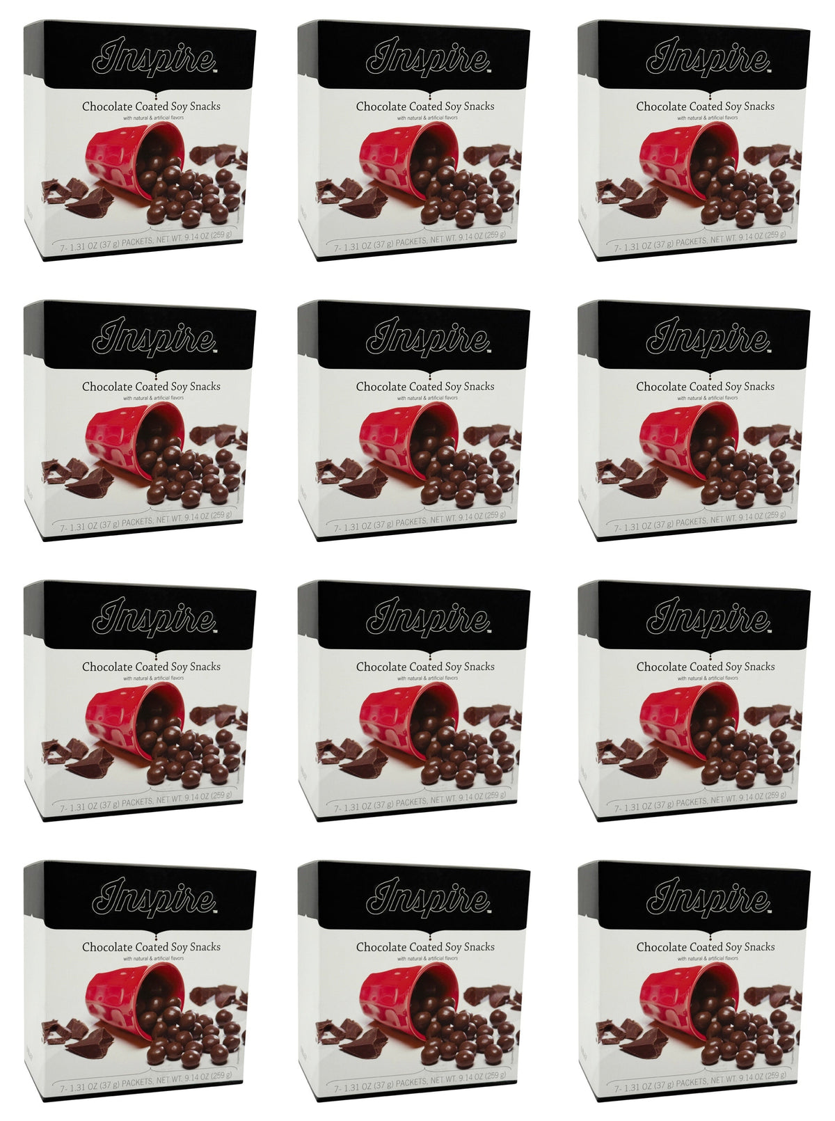 Twelve boxes of Inspire Chocolate Coated Soy Snacks are arranged in a grid, each featuring a red cup spilling chocolate-covered soy snacks and chocolate shavings on a white background.