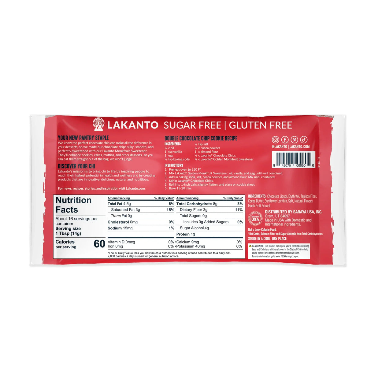 A red and white packaging for Lakanto's sugar-free and gluten-free double chocolate chip cookie recipe, featuring ingredients, nutrition facts, and preparation instructions prominently displayed.
