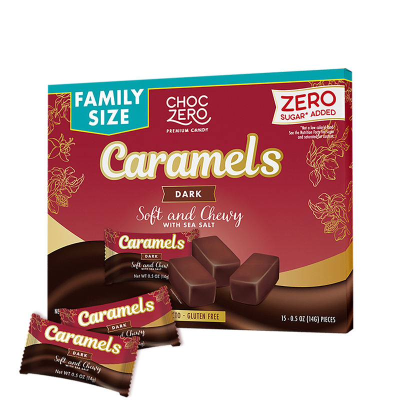 Front package of ChocZero Dark Chocolate Covered Caramels with Sea Salt