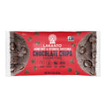 A red package of Lakanto sugar-free chocolate chips features a cookie with chocolate chips, highlighting that it's sweetened with monk fruit and erythritol, and is vegan, gluten-free, and keto-friendly.