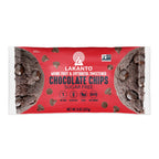 A red package of Lakanto sugar-free chocolate chips features a cookie with chocolate chips, highlighting that it's sweetened with monk fruit and erythritol, and is vegan, gluten-free, and keto-friendly.