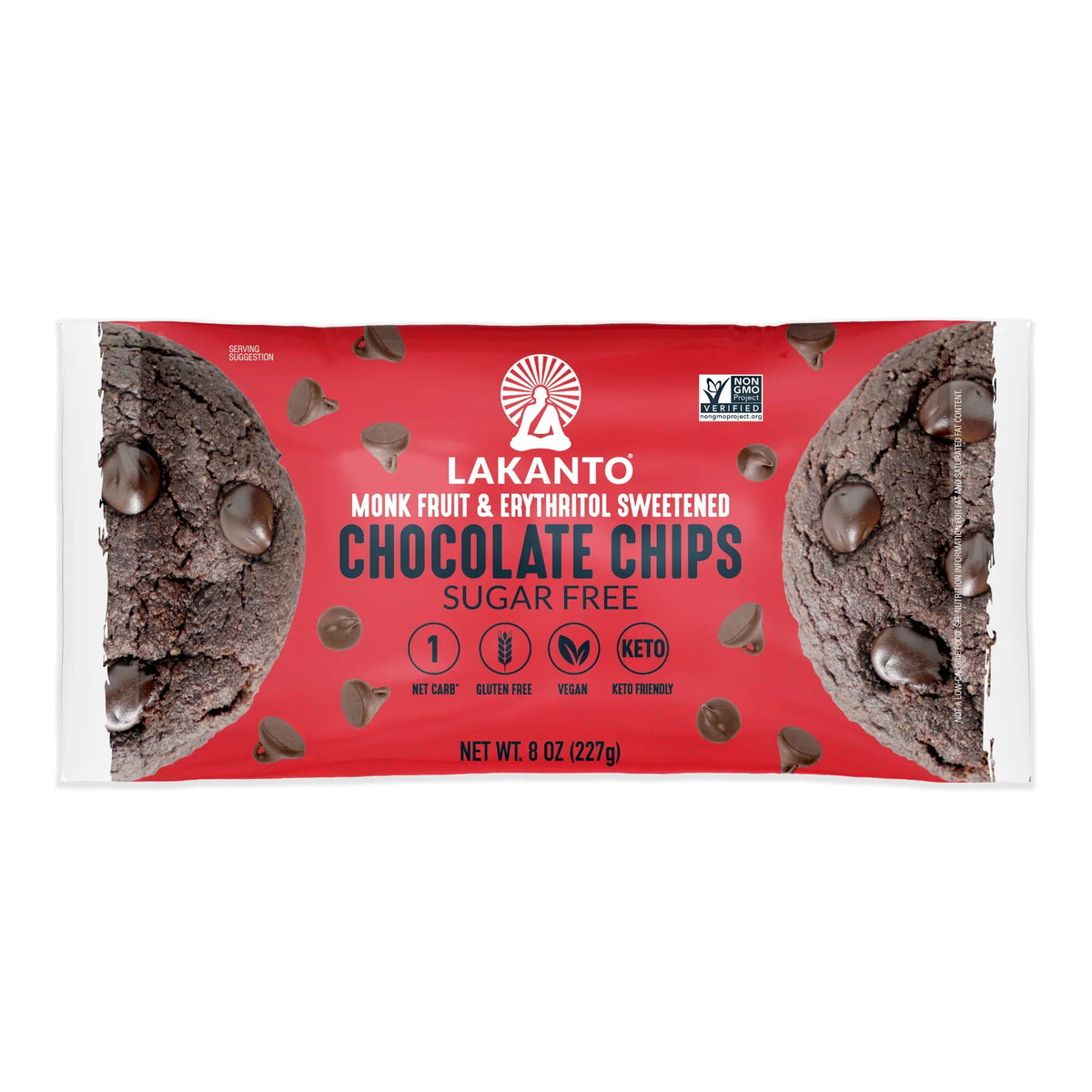 A red package of Lakanto sugar-free chocolate chips features a cookie with chocolate chips, highlighting that it's sweetened with monk fruit and erythritol, and is vegan, gluten-free, and keto-friendly.