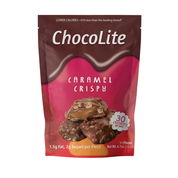 Front of an 11-piece ChocoLite Caramel Crispy pouch.