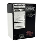 A black box displays nutrition facts for a protein wafer product, listing calories, ingredients, and serving size, with a small image of chocolate pieces at the bottom.