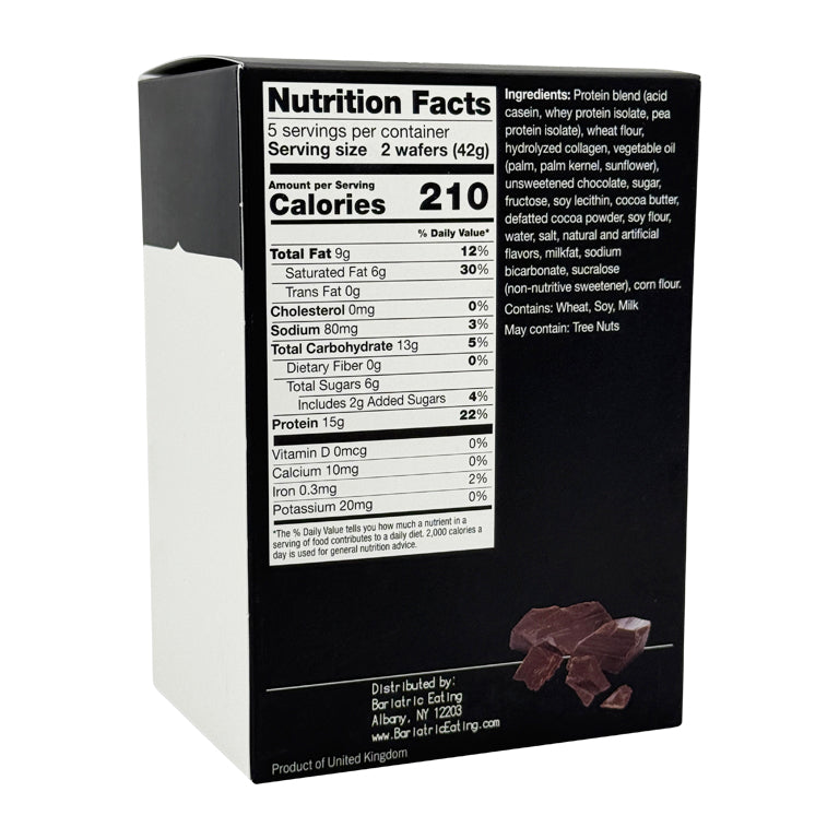 A black box displays nutrition facts for a protein wafer product, listing calories, ingredients, and serving size, with a small image of chocolate pieces at the bottom.