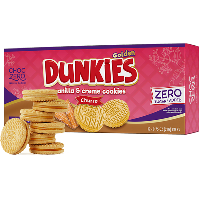 Front package of ChocZero Dunkies Sandwich Cookies, 9 oz, Churro
