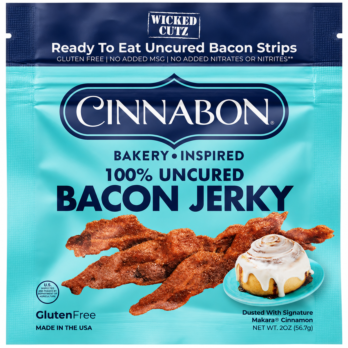 A teal package of Cinnabon 100% Uncured Bacon Jerky features crispy bacon strips and a cinnamon roll with icing, highlighting its gluten-free and no added MSG attributes.