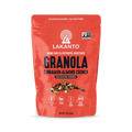 A bright red bag of Lakanto Cinnamon Almond Crunch granola features bold text highlighting it is gluten-free, vegan, and sweetened with monk fruit and erythritol, with no added sugar.