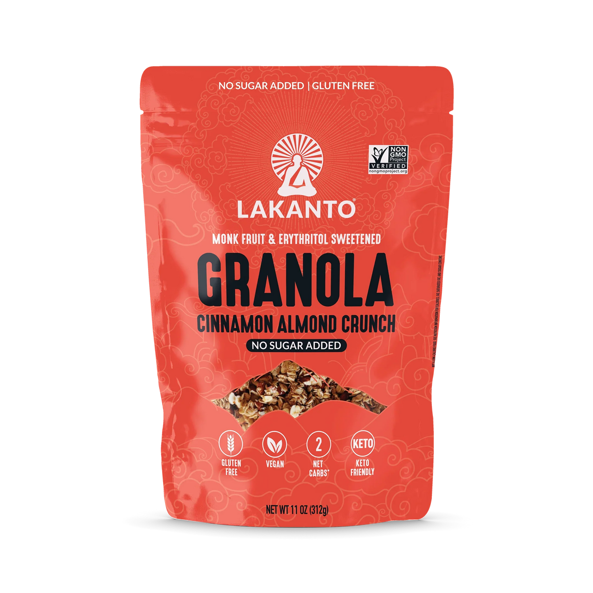 A bright red bag of Lakanto Cinnamon Almond Crunch granola features bold text highlighting it is gluten-free, vegan, and sweetened with monk fruit and erythritol, with no added sugar.
