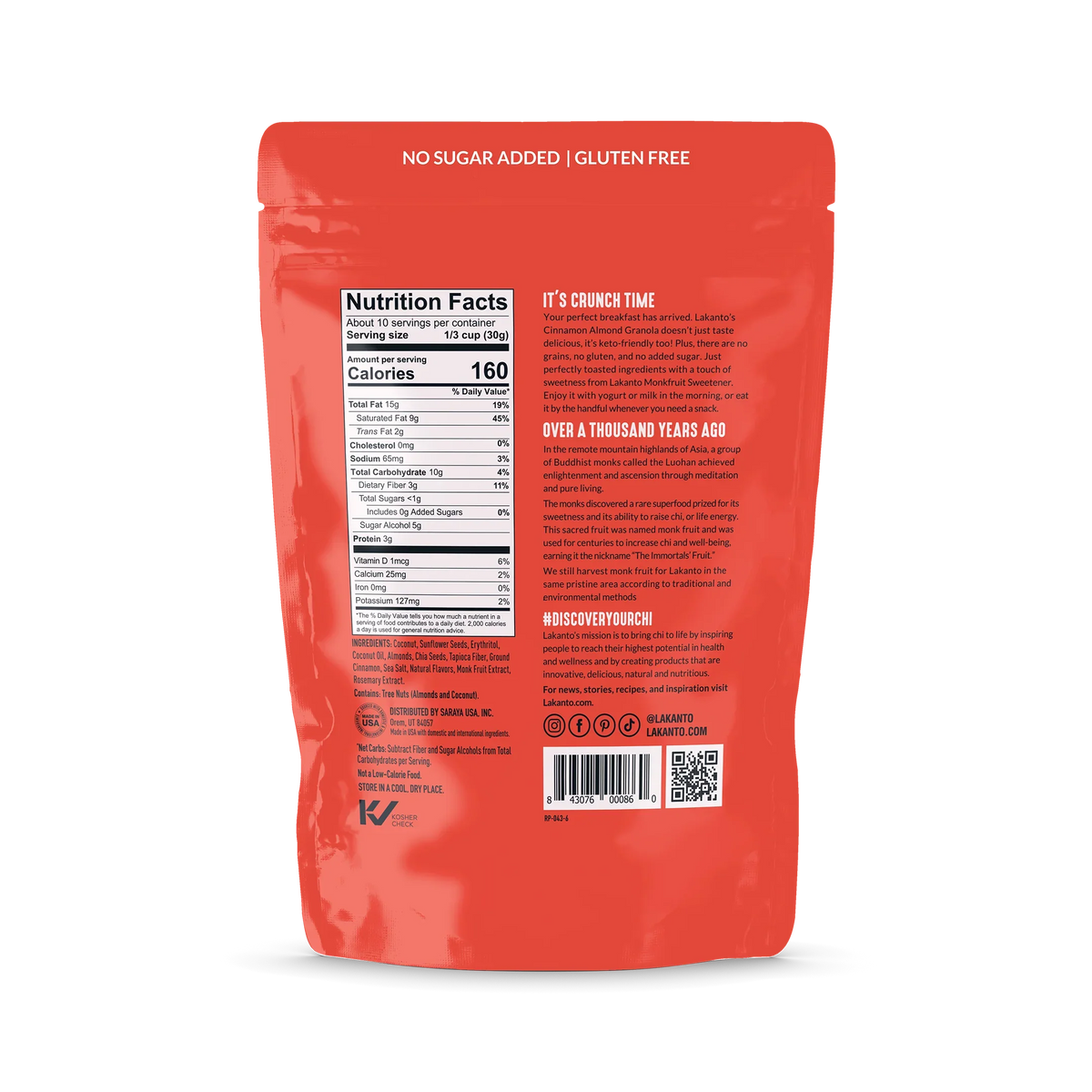 A bright red packaging displays the back of a snack product, featuring nutrition facts, ingredients, and promotional text about its health benefits and historical context, labeled as gluten-free and no sugar added.