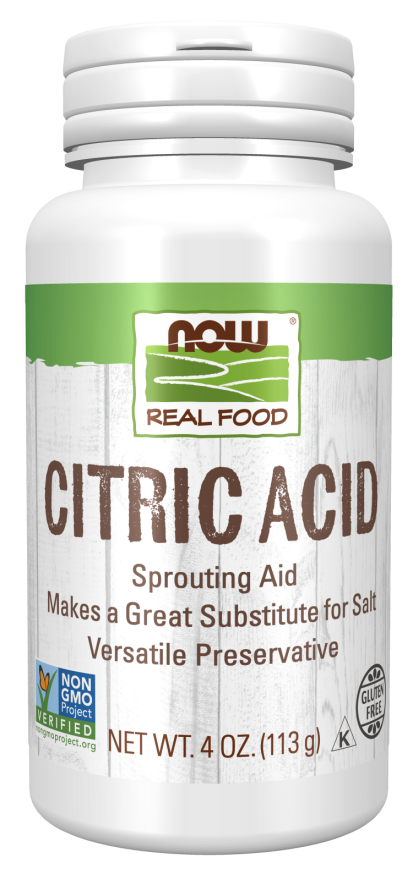 A white bottle labeled "Citric Acid" from NOW Real Food, featuring information about its use as a sprouting aid and salt substitute, with a 4 oz. net weight and non-GMO certification.