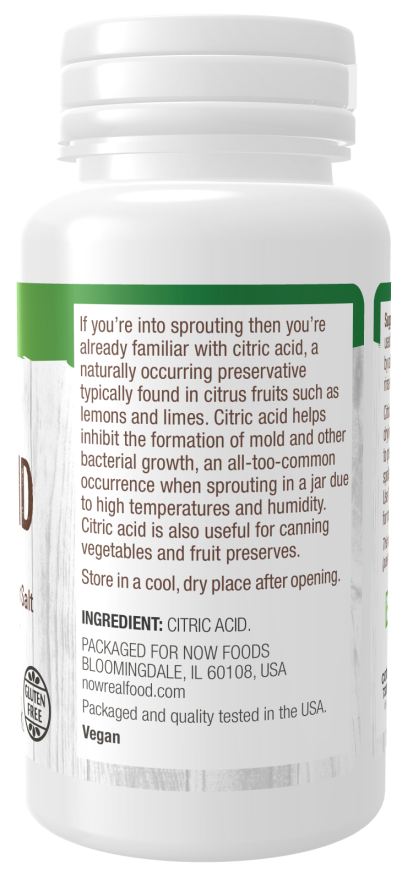 A white bottle of citric acid with a green label displays usage instructions and ingredient details, emphasizing its role as a natural preservative for sprouting and canning.