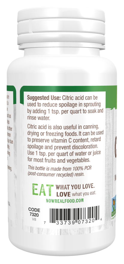 A white plastic bottle of citric acid with a screw-on cap features a label detailing its uses for preserving food and reducing spoilage, along with recycling information and a website link.