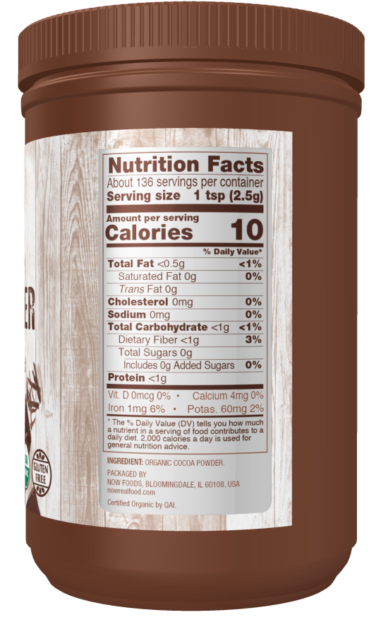 Nutrition facts label for NOW Cocoa Powder, non-Alkalized, Organic 12 oz.