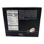 Protein bar packaging featuring nutrition facts, ingredients list, and allergen information; contains 160 calories, 15g protein, and includes soy, milk, coconut, almonds, peanuts, and eggs.
