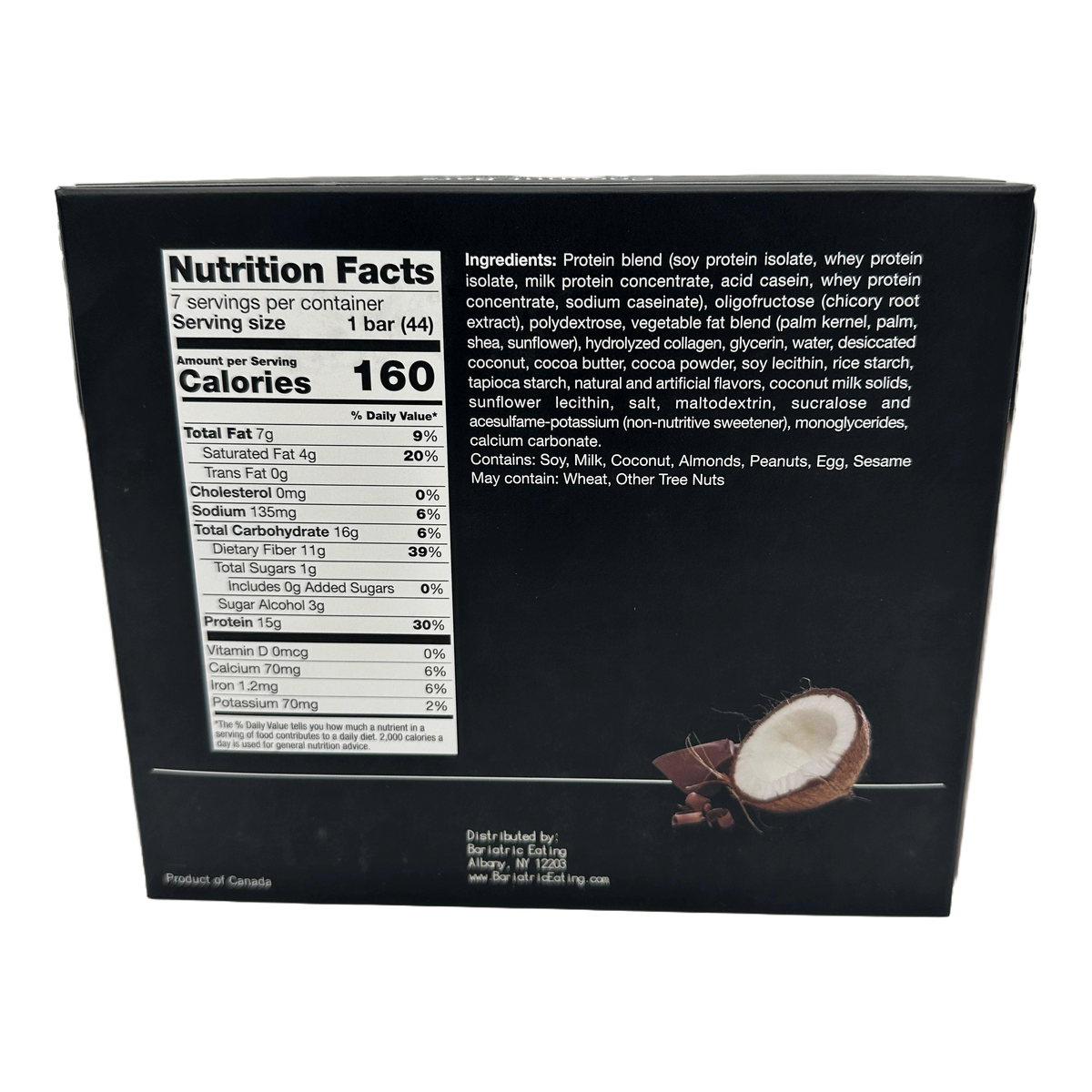 Protein bar packaging featuring nutrition facts, ingredients list, and allergen information; contains 160 calories, 15g protein, and includes soy, milk, coconut, almonds, peanuts, and eggs.