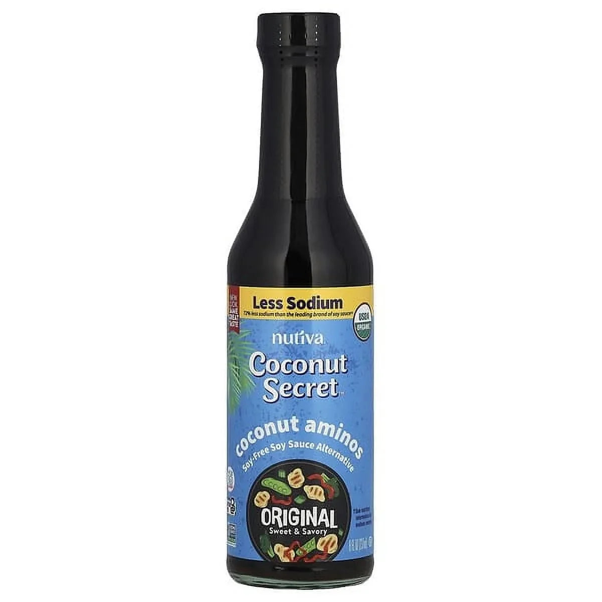 A black bottle of Nutiva Coconut Secret coconut aminos, labeled as a soy-free sauce alternative, features a blue background with tropical designs and highlights "Less Sodium" and "Original Sweet & Savory."
