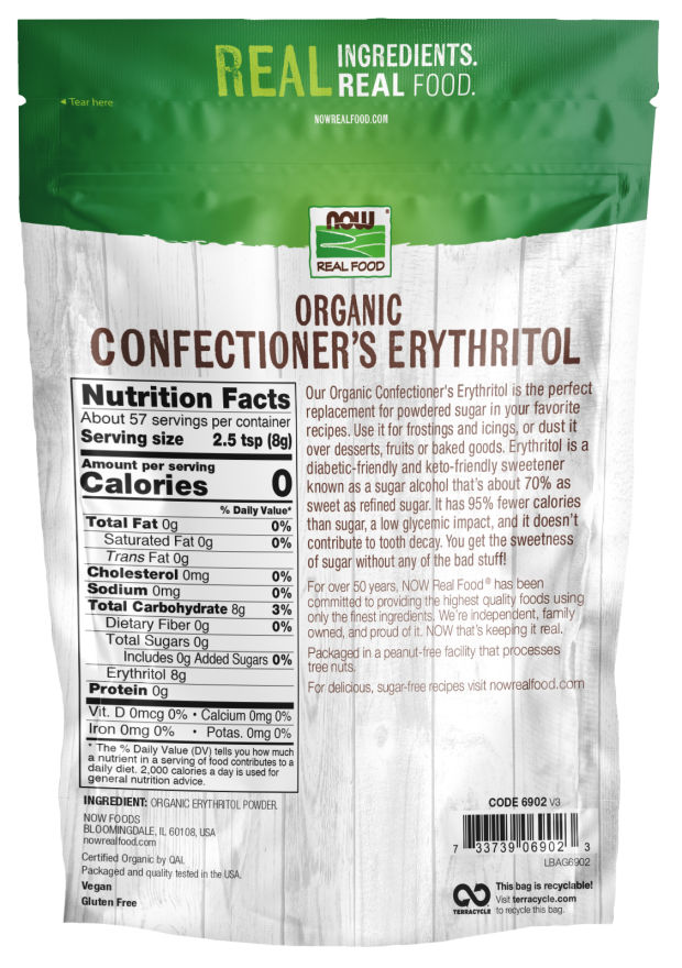Nutrition facts label for NOW Erythritol, Confectioner's Powder, Organic 1 lb.