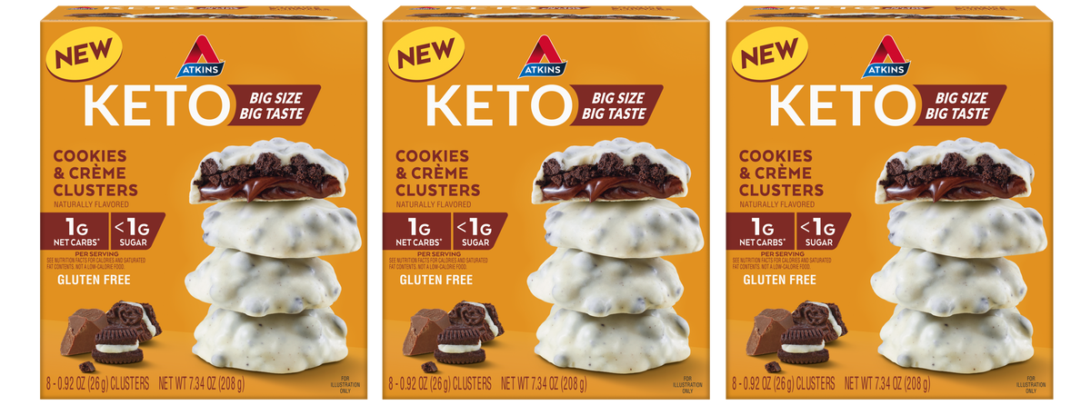 Front package of Atkins Nutritionals Keto Treat 8 pack, Cookies & Creme Clusters / 3 Boxes