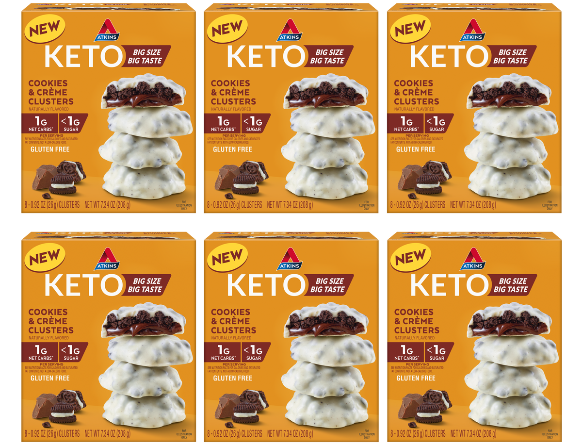 Front package of Atkins Nutritionals Keto Treat 8 pack, Cookies & Creme Clusters / 6 Boxes