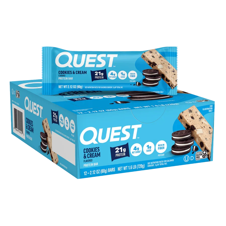 Front package of Quest Protein Bar, Cookies & Cream / 12 Bars