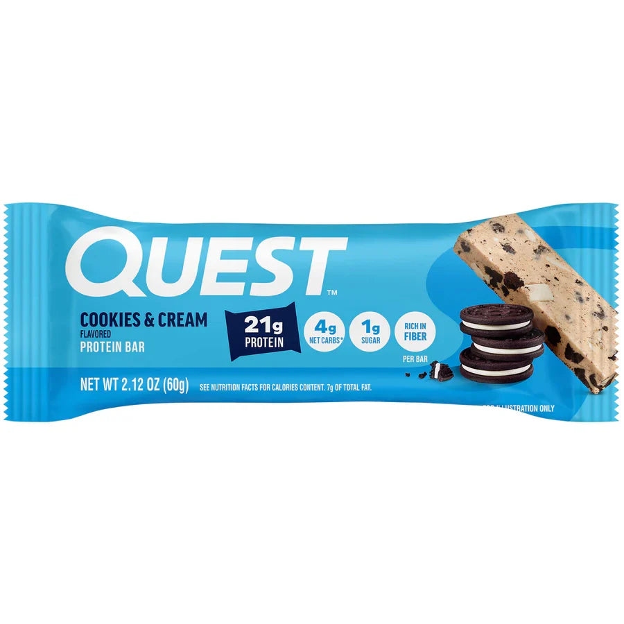 Front package of Quest Protein Bar, Cookies & Cream / 1 Bar