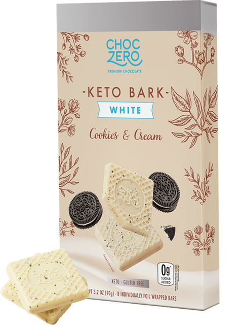 Front package of ChocZero Keto Bark 3.2oz, White Chocolate Cookies and Cream