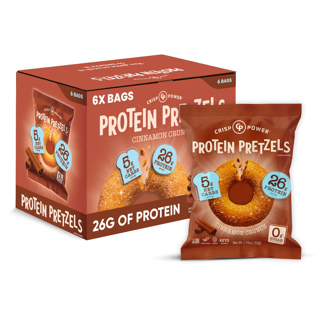 Front package of Protein Pretzels by Crisp Power, Cinnamon Crunch / 6-Pack