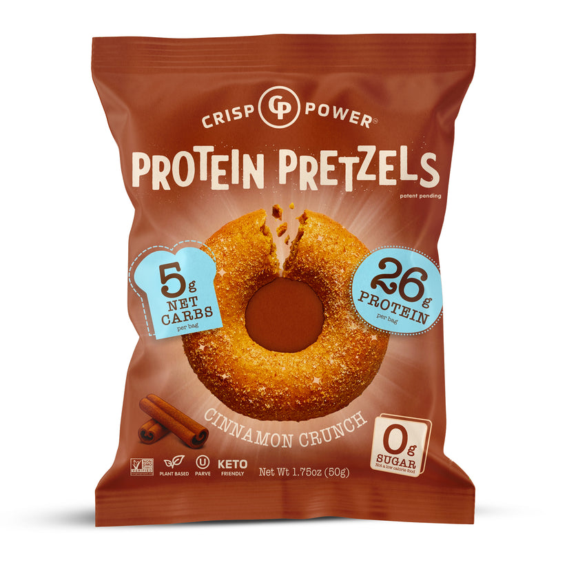 Front package of Protein Pretzels by Crisp Power, Cinnamon Crunch / One Bag