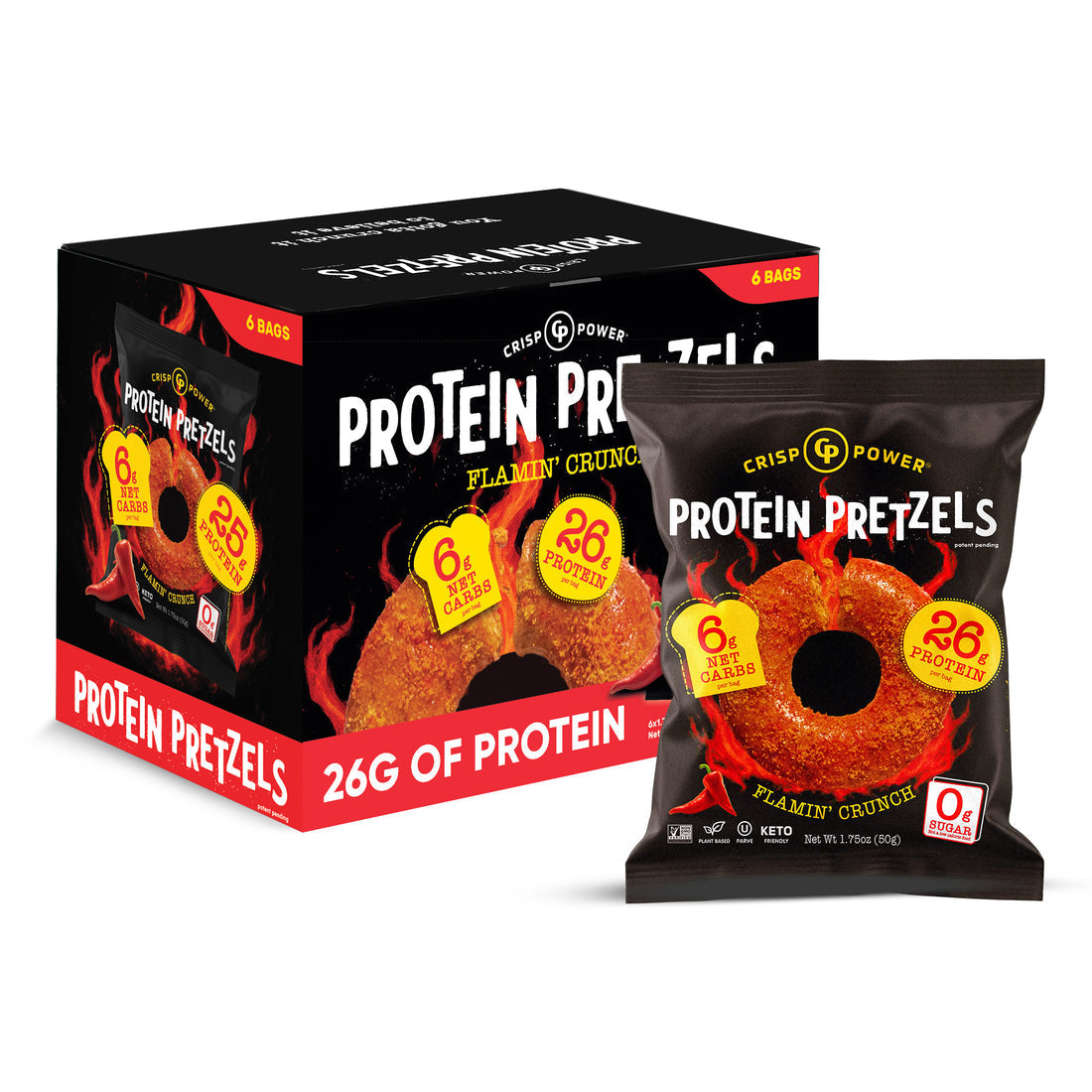 Front package of Protein Pretzels by Crisp Power, Flamin' Crunch / 6-Pack