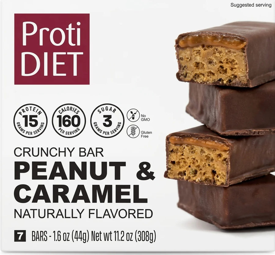 Barritas de proteínas Proti Diet, crujientes de mantequilla de cacahuete y caramelo, 7 barritas