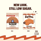 Two packages of RipVan Wafels Snickerdoodle are displayed side by side, showing the old design on the left and the new design on the right, with text highlighting the low sugar content and fiber.