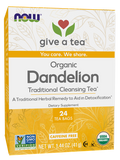 A colorful tea box labeled "Organic Dandelion" features a heart and leaf design, highlighting it as a traditional cleansing tea with 24 caffeine-free tea bags for detoxification.