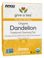A colorful tea box labeled "Organic Dandelion" features a heart and leaf design, highlighting it as a traditional cleansing tea with 24 caffeine-free tea bags for detoxification.