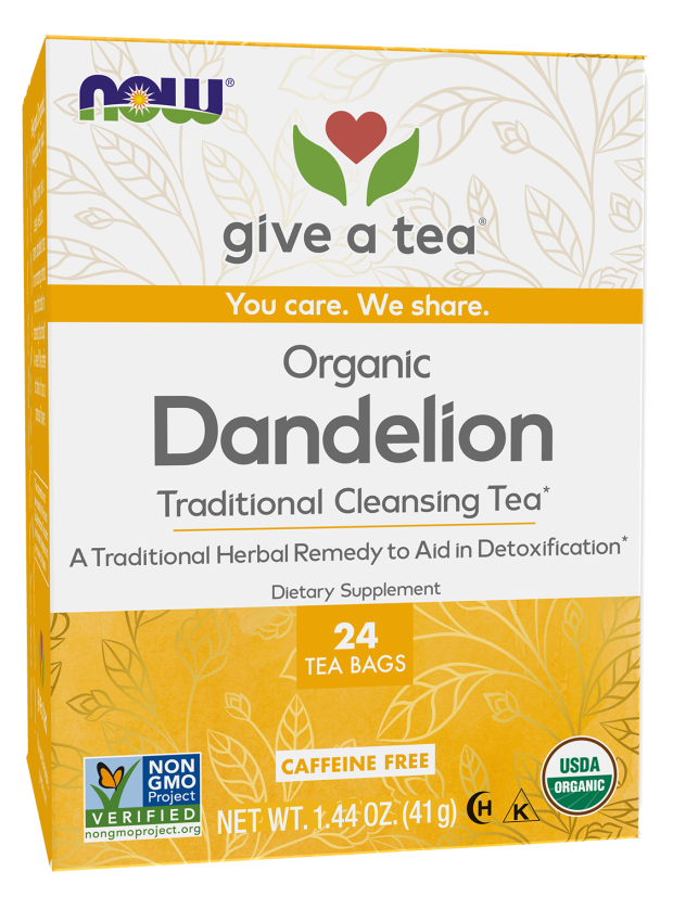 A colorful tea box labeled "Organic Dandelion" features a heart and leaf design, highlighting it as a traditional cleansing tea with 24 caffeine-free tea bags for detoxification.