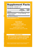 A yellow product label for organic dandelion tea, featuring supplement facts, steeping instructions, and packaging information from Now Foods, with a caution statement at the bottom.