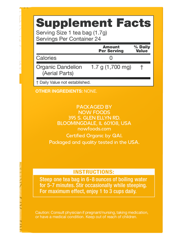 A yellow product label for organic dandelion tea, featuring supplement facts, steeping instructions, and packaging information from Now Foods, with a caution statement at the bottom.