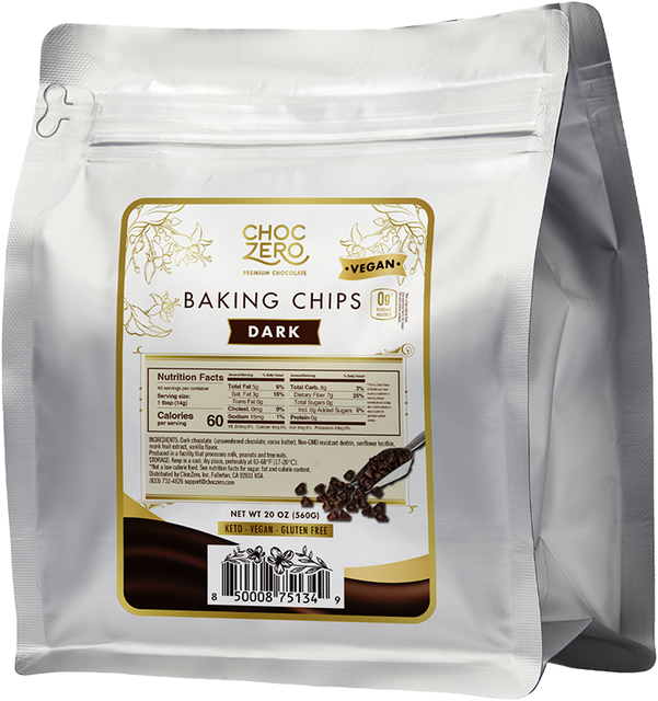 Front package of ChocZero Sugar Free Dark Chocolate Baking Chips 20 oz