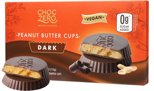 Front package of ChocZero Peanut Butter Cups, 4oz, Dark Chocolate