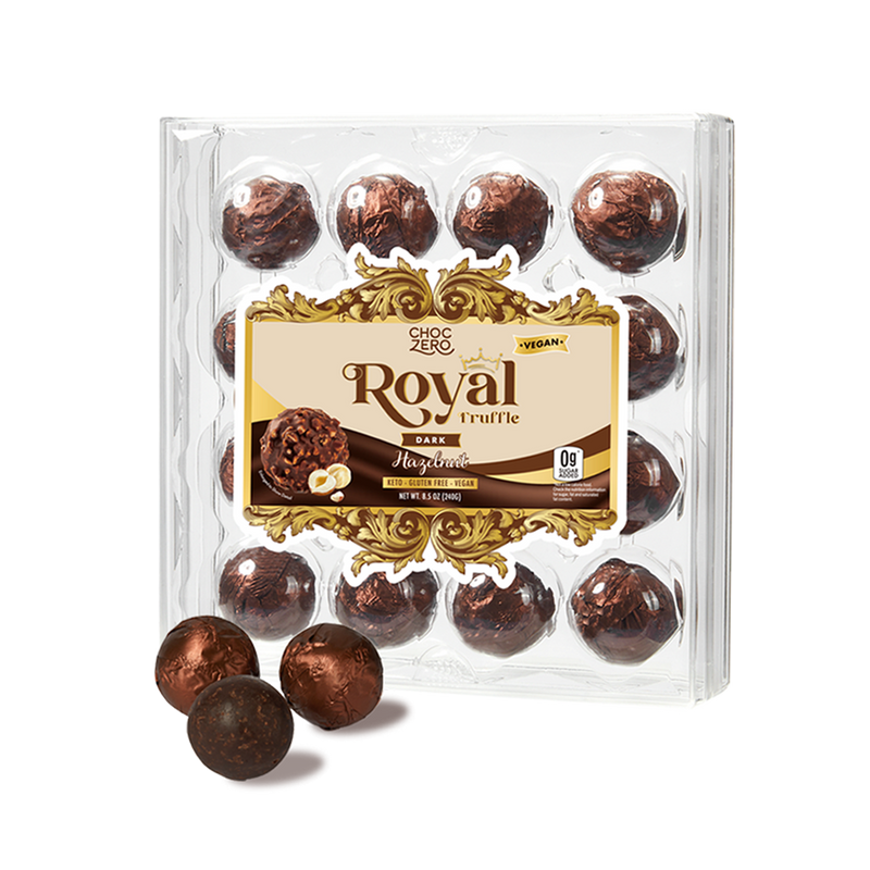 Front package of ChocZero Dark Chocolate Hazelnut Royal Truffles