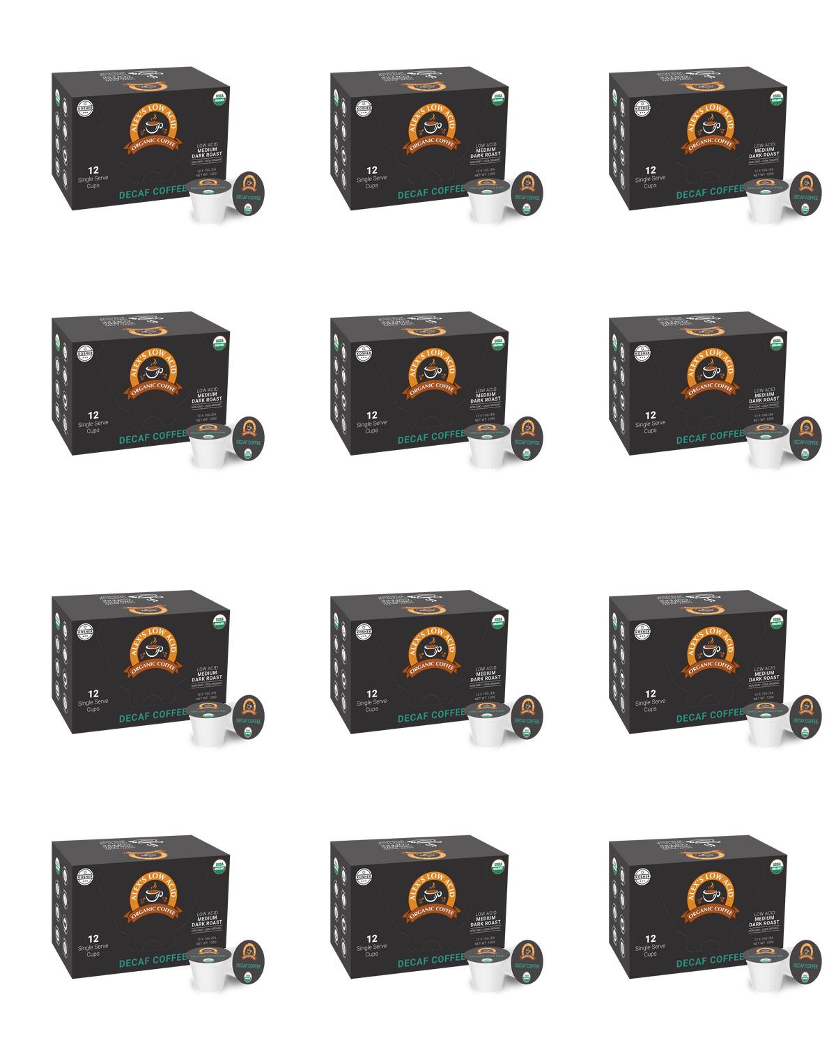 Twelve boxes of decaf coffee pods are arranged in a grid, each box featuring a black design with an orange logo and text indicating "12 Single Serve" and "Decaf Coffee."