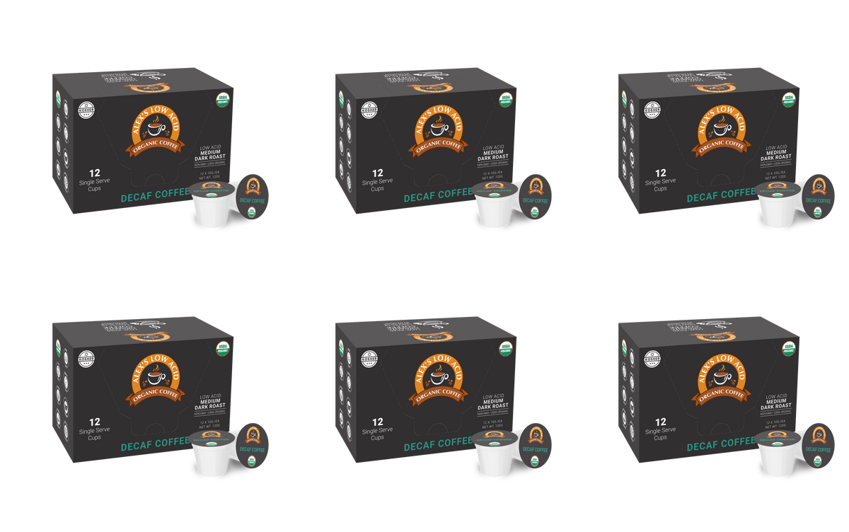 Six boxes of decaf coffee pods are arranged in a grid, each box labeled "Ari's Low Acid Organic Coffee," featuring a dark roast and containing 12 single-serve cups.